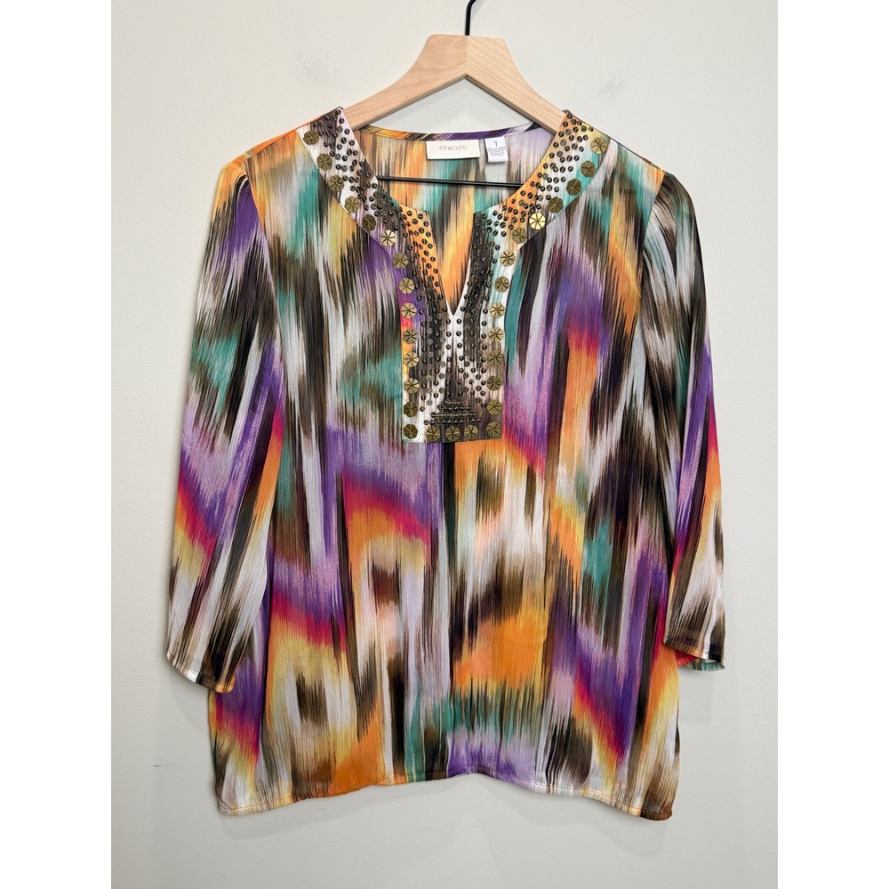 Chico's Size 1 Medium Sheer Tunic Blouse Colorful Ikat Studded‎ Boho Embellished